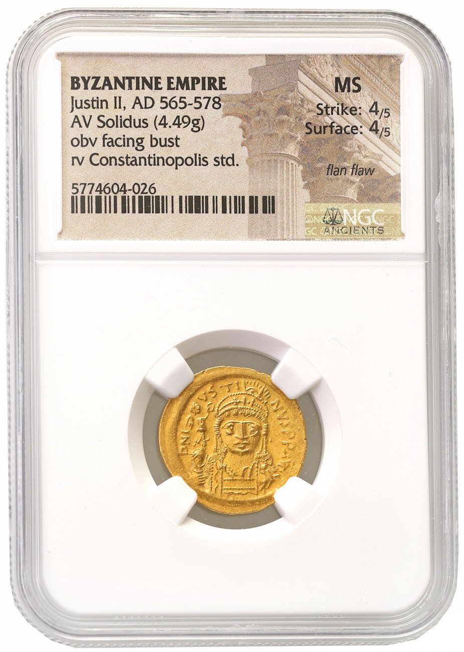 Bizancjum. Justin II (565-578). Solidus 567-578, Konstantynopol NGC MS 4/5 4/5